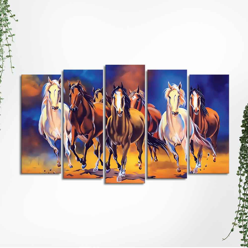 Seven Horses Set of Five Pieces Premium Canvas Wall Painting