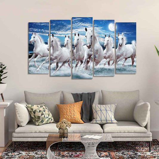 Seven Running Horses in Water Canvas Wall Painting of Five Pieces