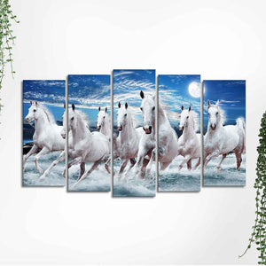 Seven Running Horses in Water Canvas Wall Painting of Five Pieces