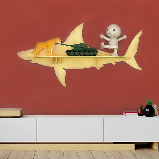 Shark Backlit Designer Wooden Wall Shelf / Book Shelf / Night Light, Light Oak Finish