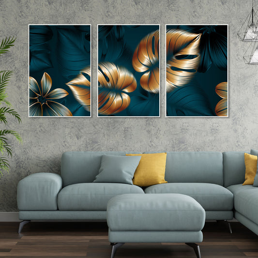 Shiny Golden Leaves Floating Canvas Wall Painting Set of Three