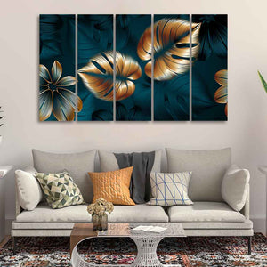 Shiny Golden Leaves Floating Canvas Wall Painting Set of Five