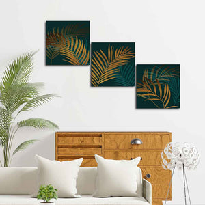 Shiny Golden Tropical leaves 3 Pieces Canvas Wall Painting