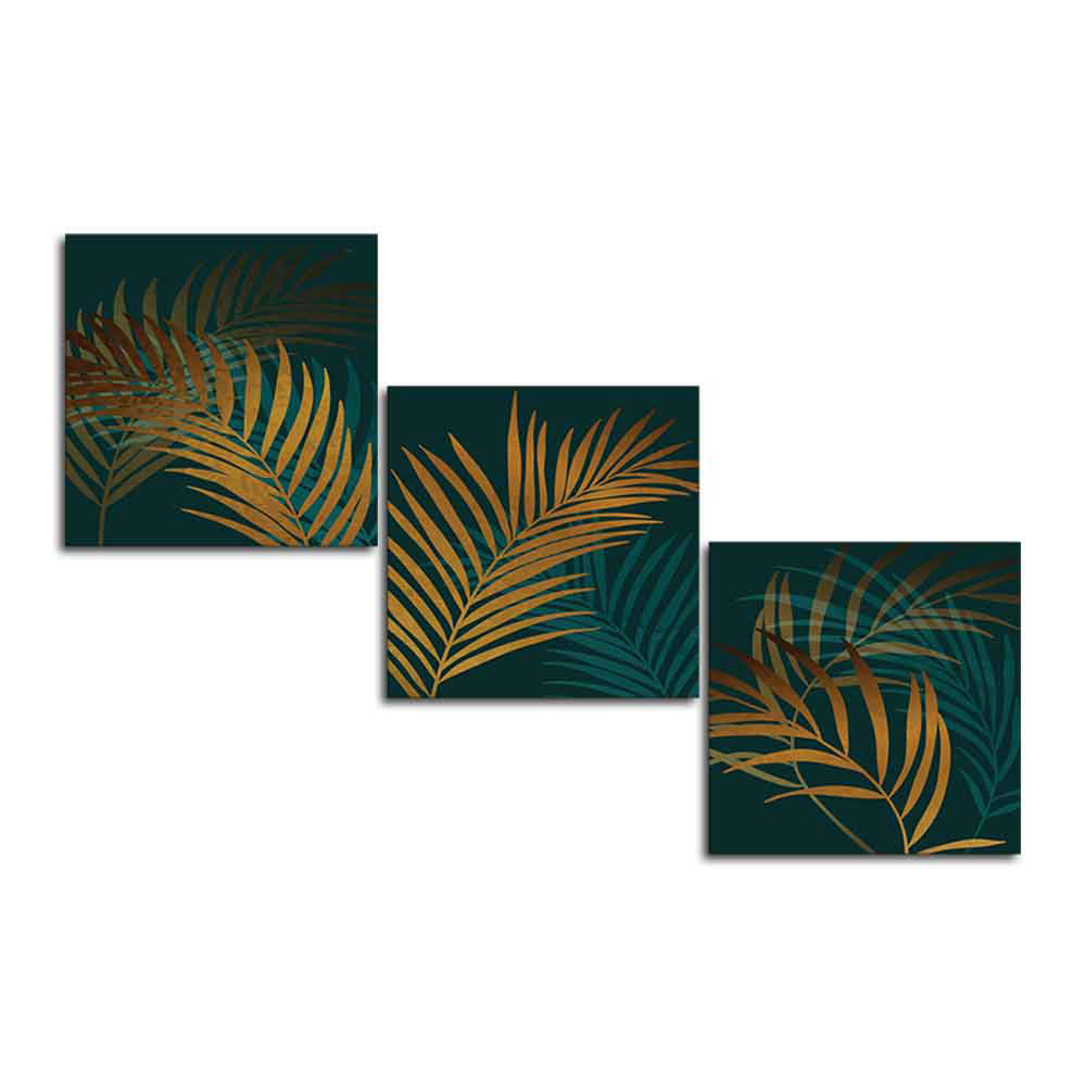 Shiny Golden Tropical leaves 3 Pieces Canvas Wall Painting