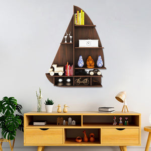 Ship Backlit Designer Wooden Wall Shelf / Book Shelf / Night Light, Walnut Finish