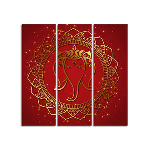 Shree Ganesha Face Canvas Wall Painting of Three Panels