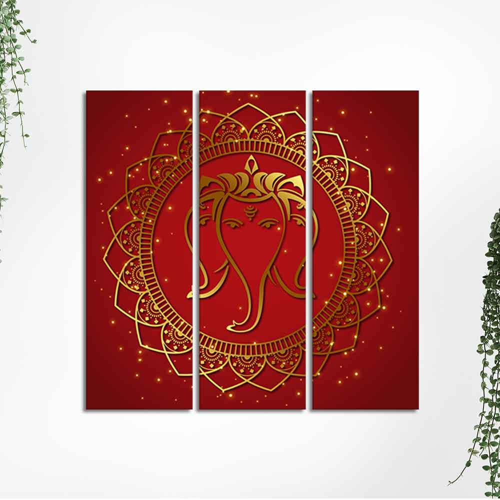 Shree Ganesha Face Canvas Wall Painting of Three Panels