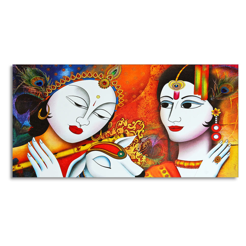 Shri Radha Krishna Playing with Flute Canvas Wall Painting