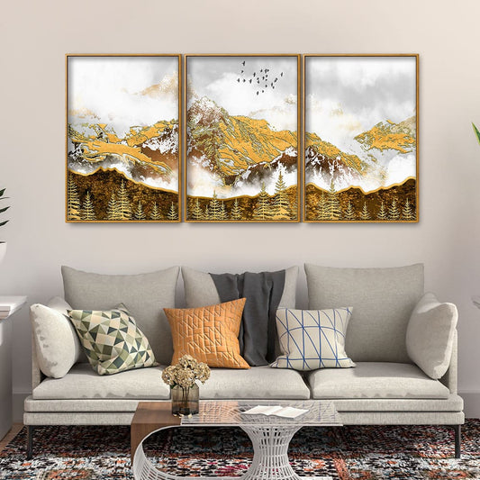 Smoke Cloud Golden Mountain Peak Floating Canvas Wall Painting Set of Three