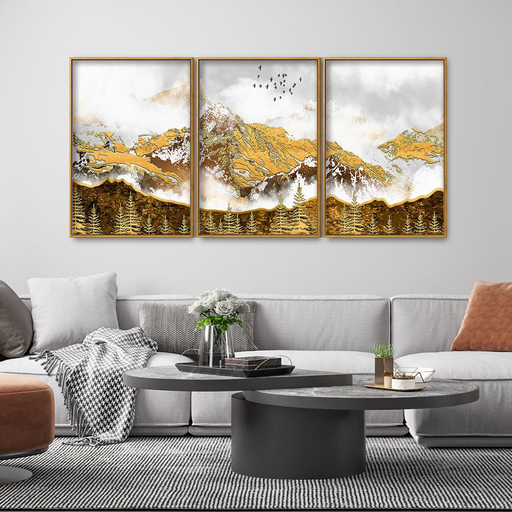 Smoke Cloud Golden Mountain Peak Floating Canvas Wall Painting Set of Three