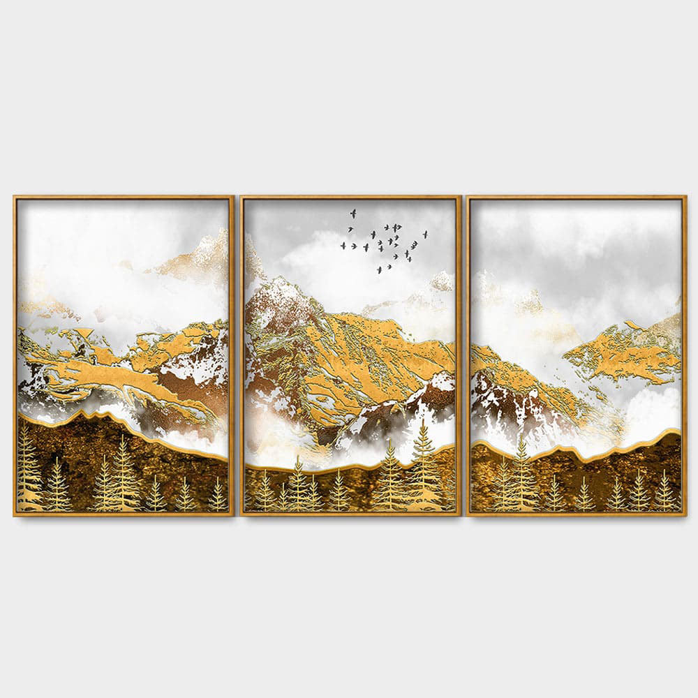 Smoke Cloud Golden Mountain Peak Floating Canvas Wall Painting Set of Three