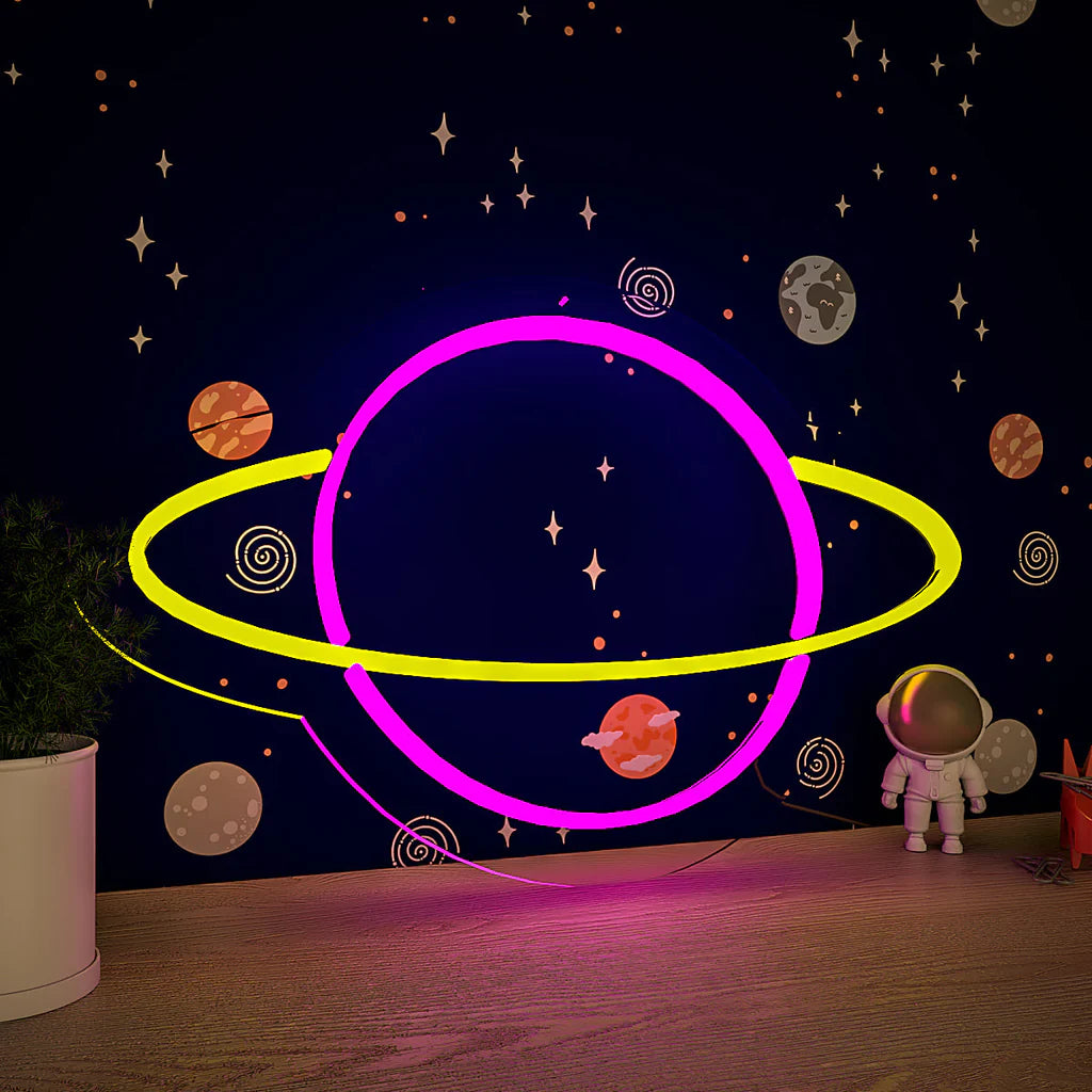 Solar System Saturn Plante Pink & Yellow LED Neon Light