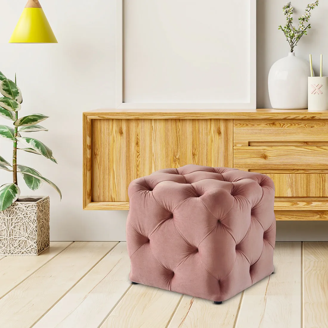 Solid Pink Color Square Shaped Artistic Design Tufted Velvet Ottoman