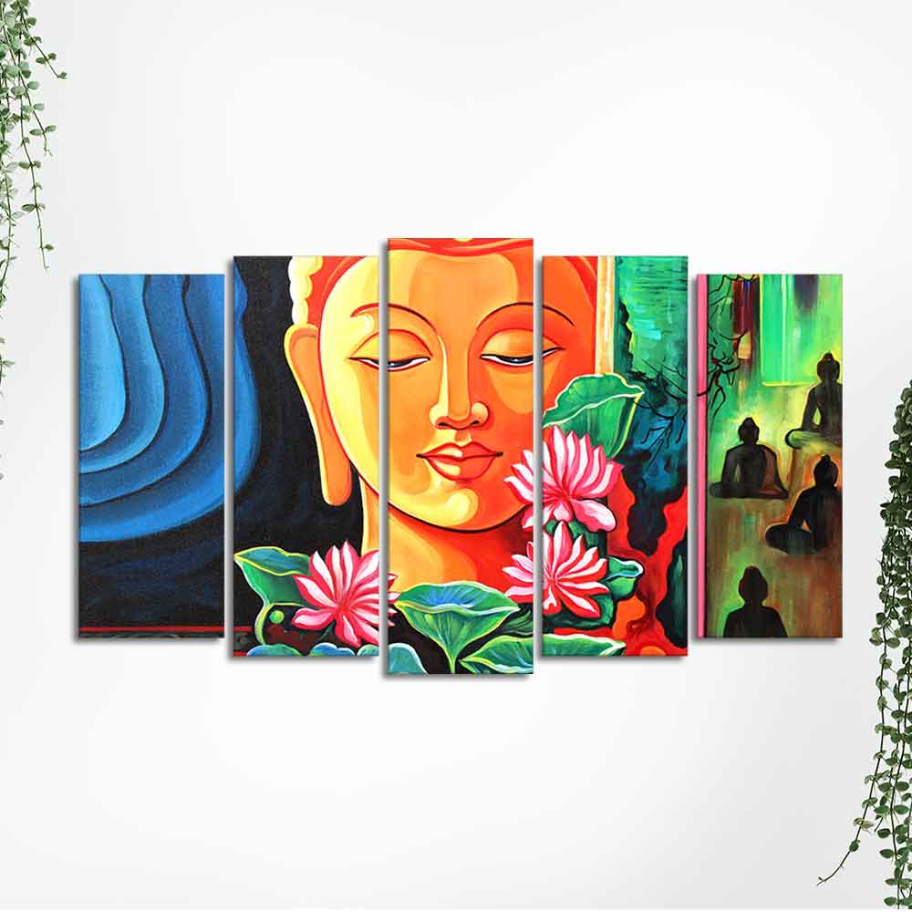 Spiritual Gautam Buddha Wall Painting Set of Five Pieces