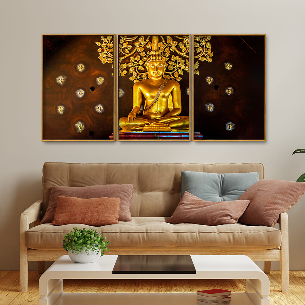 Spiritual Golden Gautam Buddha Floating Canvas Wall Painting Set of Three