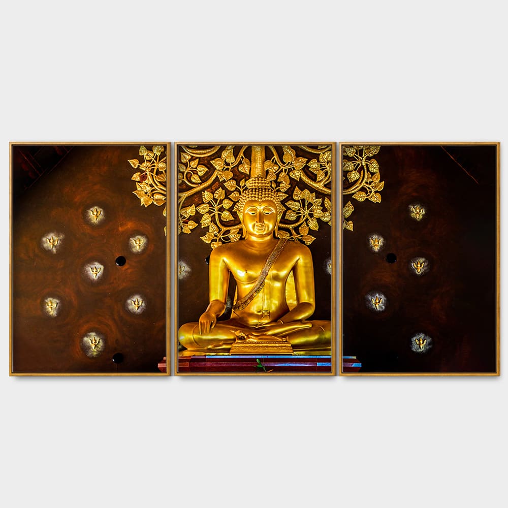 Spiritual Golden Gautam Buddha Floating Canvas Wall Painting Set of Three