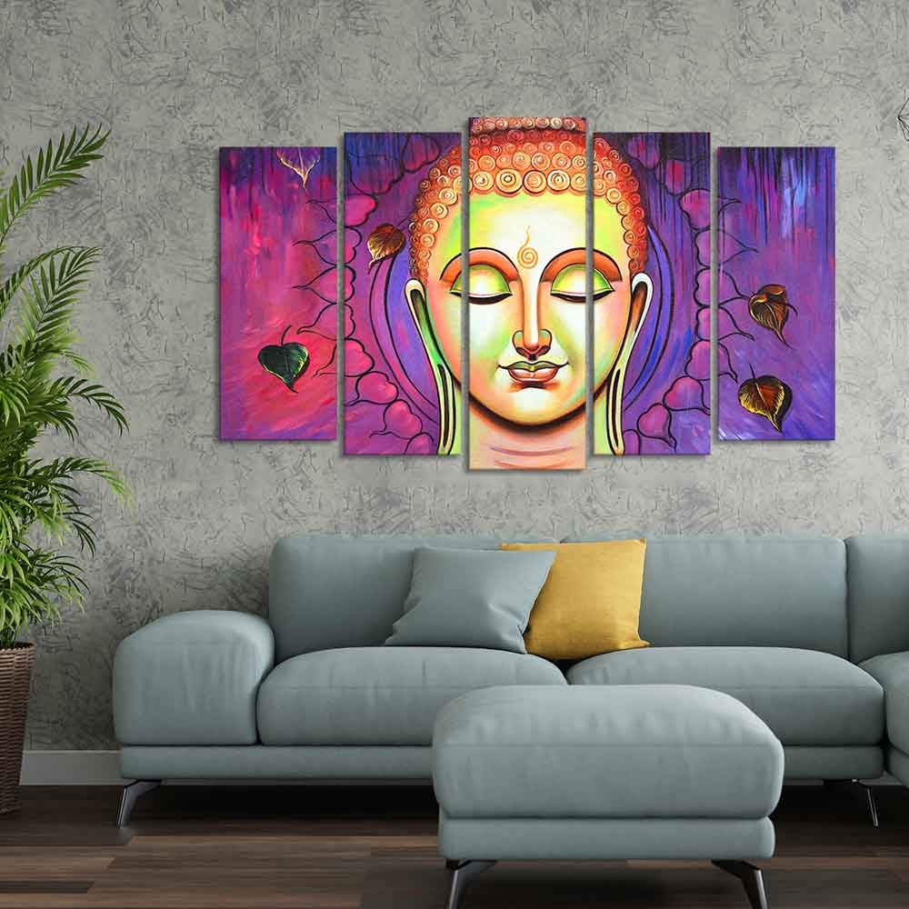 Spiritual Lord Buddha Meditating Wall Painting Set of Five