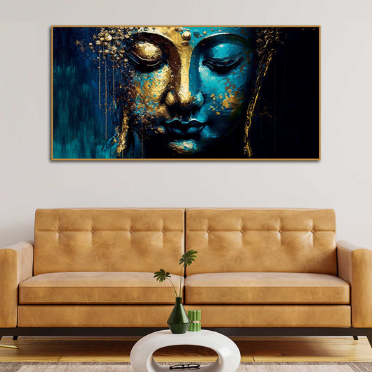 Spiritual Lord Budha face in Golden Canvas Touch Wall Painting