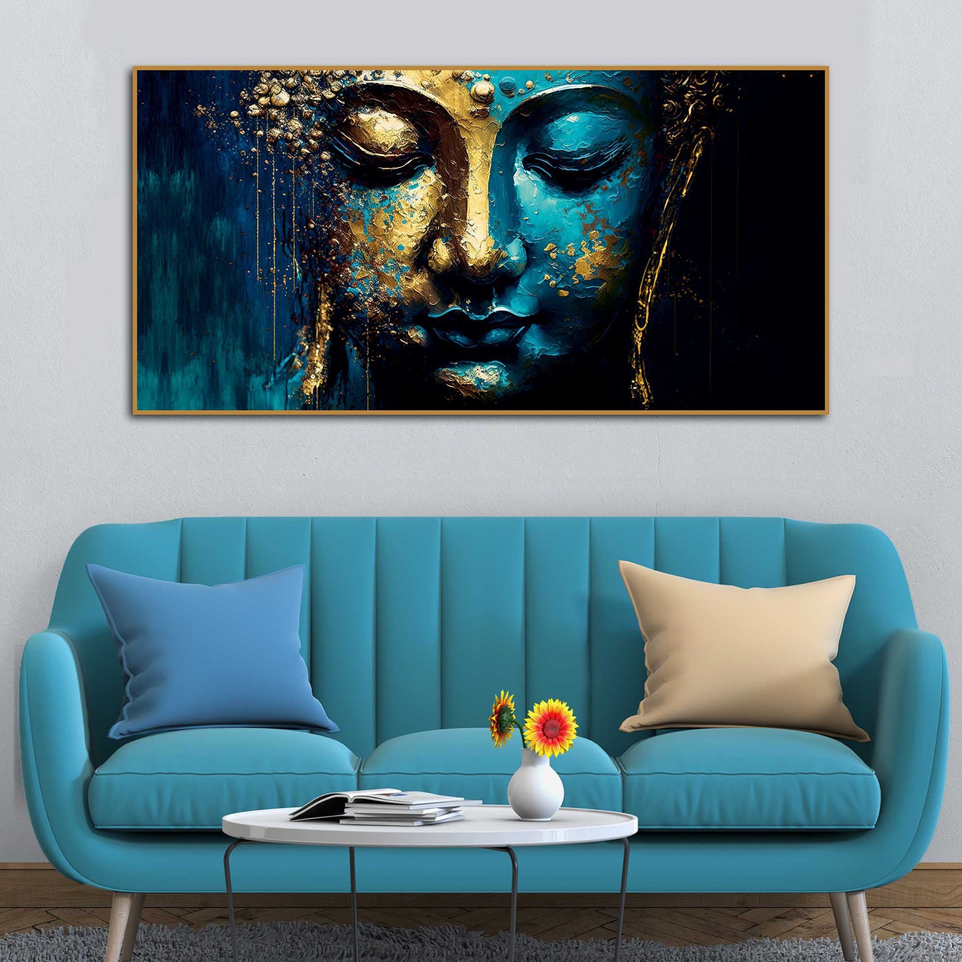 Spiritual Lord Budha face in Golden Canvas Touch Wall Painting