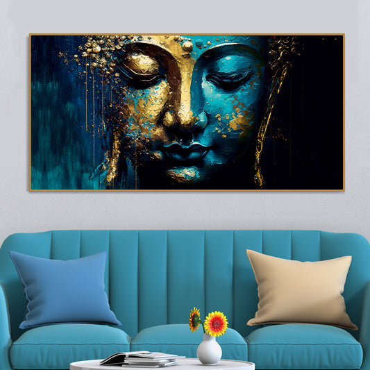 Spiritual Lord Budha face in Golden Canvas Touch Wall Painting