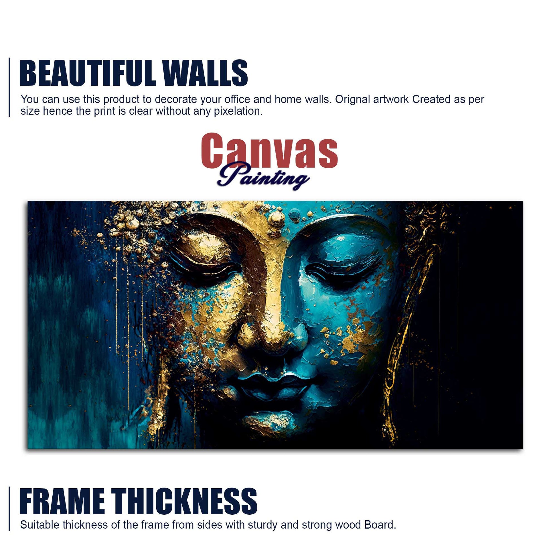 Spiritual Lord Budha face in Golden Canvas Touch Wall Painting