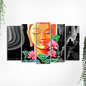 Spiritual Lord Gautam Buddha Wall Painting Set of Five Pieces