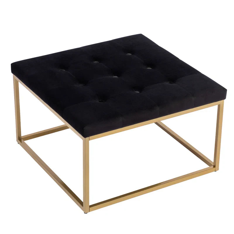 Square Shaped Black Velvet Ottoman with Golden Metal Finish