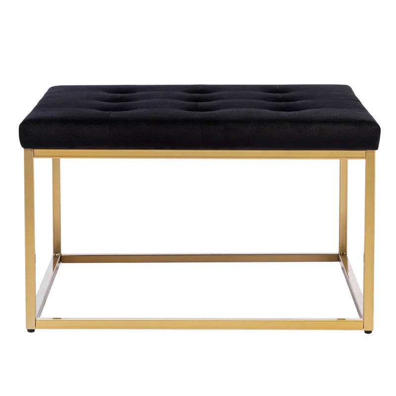 Square Shaped Black Velvet Ottoman with Golden Metal Finish