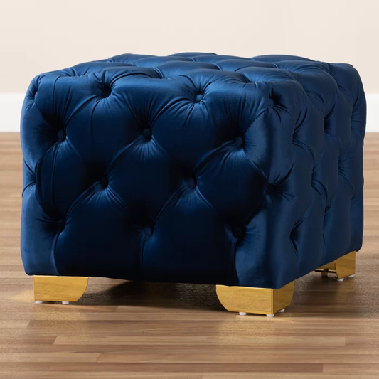 Square Shaped Royal Blue Velvet Ottoman with Golden Metal Finish