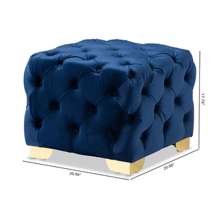 Square Shaped Royal Blue Velvet Ottoman with Golden Metal Finish