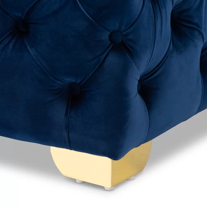 Square Shaped Royal Blue Velvet Ottoman with Golden Metal Finish