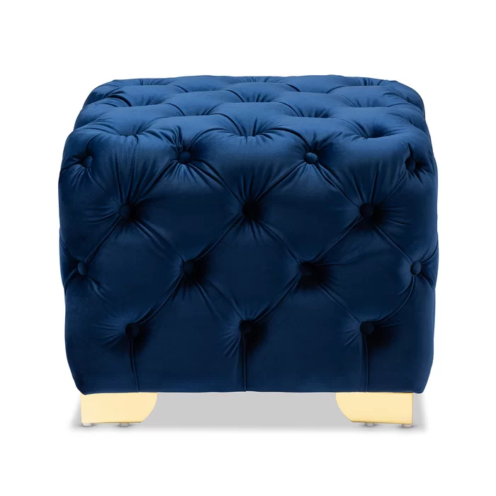 Square Shaped Royal Blue Velvet Ottoman with Golden Metal Finish