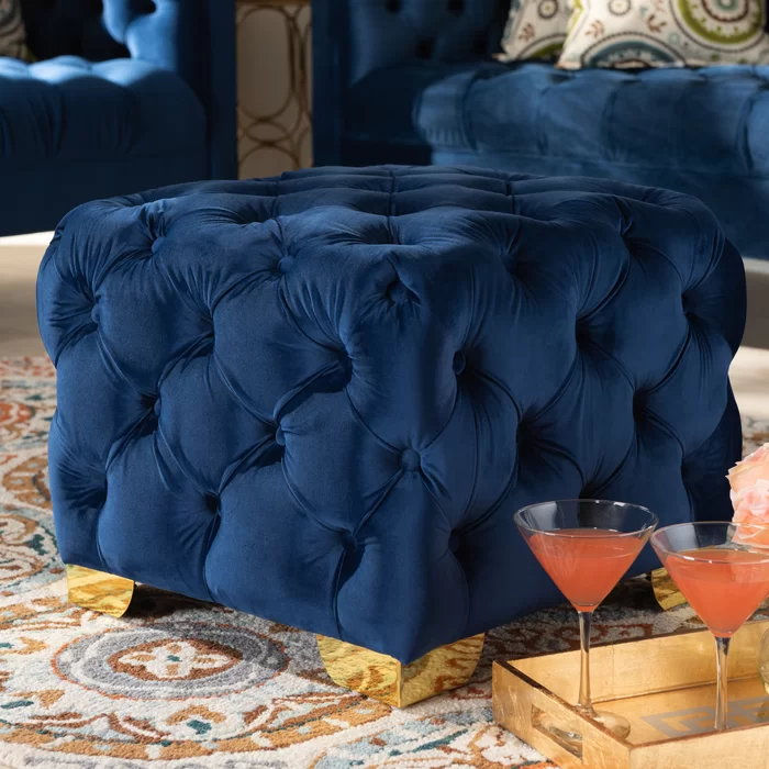 Square Shaped Royal Blue Velvet Ottoman with Golden Metal Finish