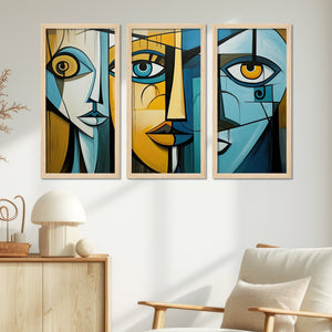 Street Face Art Abstract Creative Drawing Wooden Wall Frame Set of Three