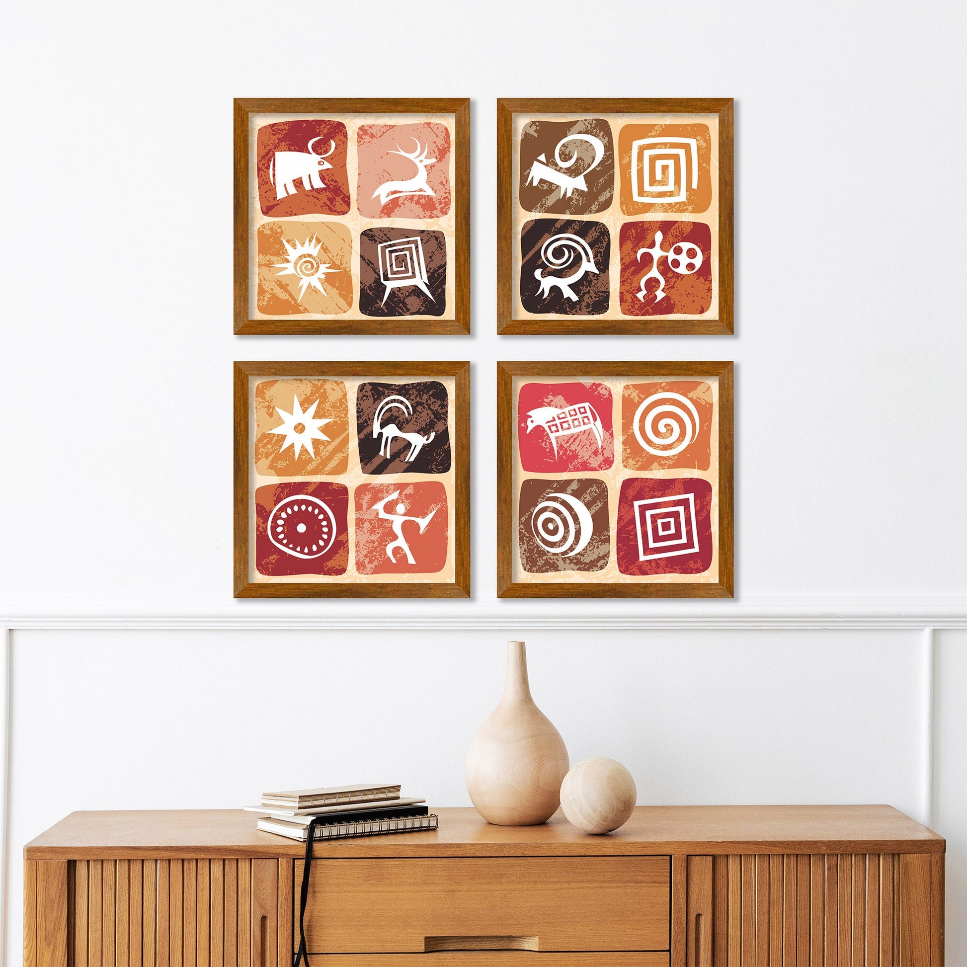 Stylized Petroglyphs Checkered Structure Art Wall Frame Set of Four