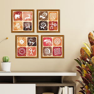 Stylized Petroglyphs Checkered Structure Art Wall Frame Set of Four