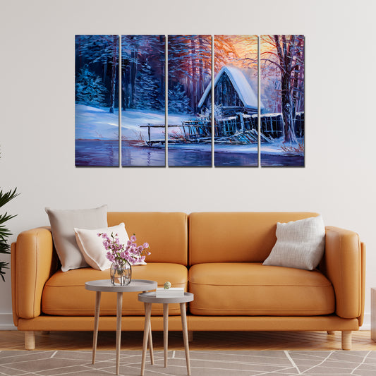 Sunset in Winter Canvas Wall Painting Set of Five