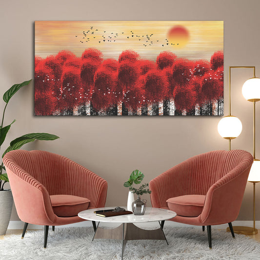 Sunset With Red Tree Premium Canvas Wall Painting