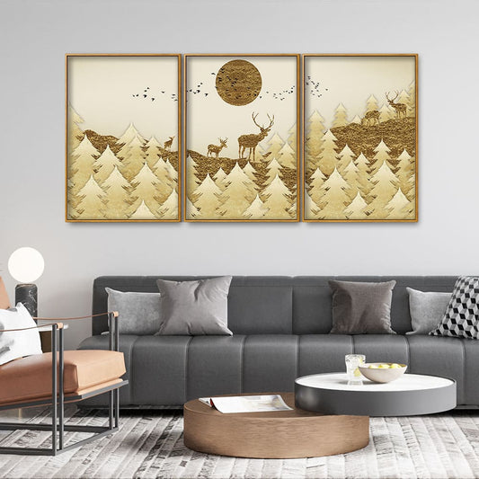 Swamp Deer in Forest Premium Floating Canvas Wall Painting Set of Three