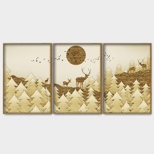 Swamp Deer in Forest Premium Floating Canvas Wall Painting Set of Three