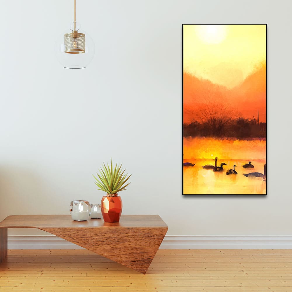 Swans in Lake at Sunset Canvas Wall Painting