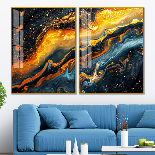 Swirling Golden Abstract Textured Acrylic Art Floating Wall Painting Set of 2