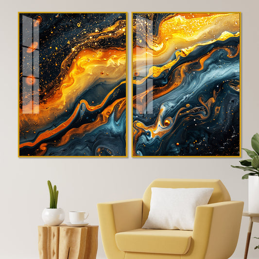 Swirling Golden Abstract Textured Acrylic Art Floating Wall Painting Set of 2