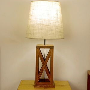 Symmetric Textured Wooden Base White Color Table Lamp