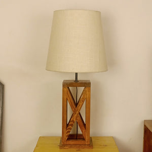 Symmetric Textured Wooden Base White Color Table Lamp