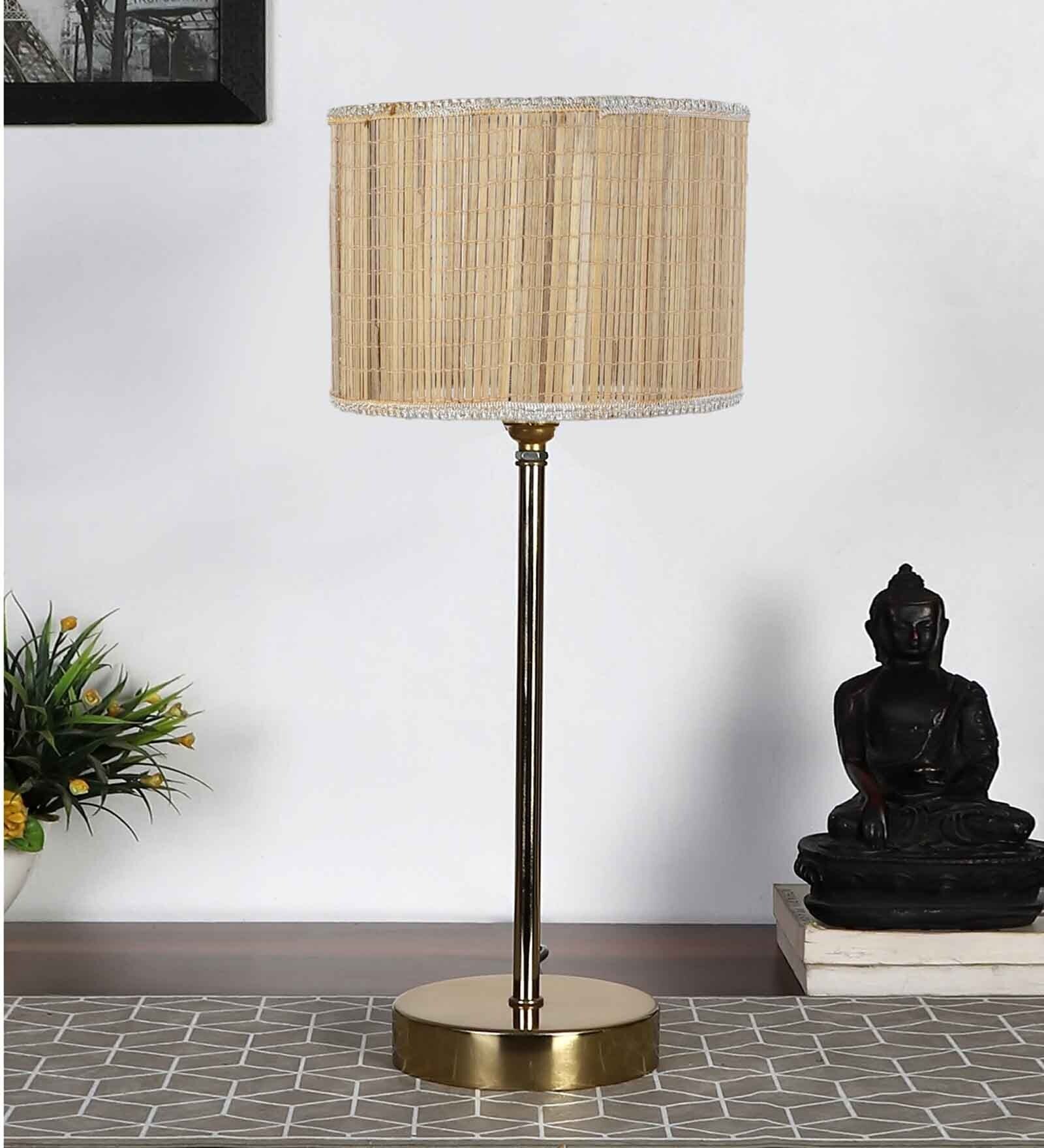 Textured Bamboo Shade with Metal Golden Table Lamp