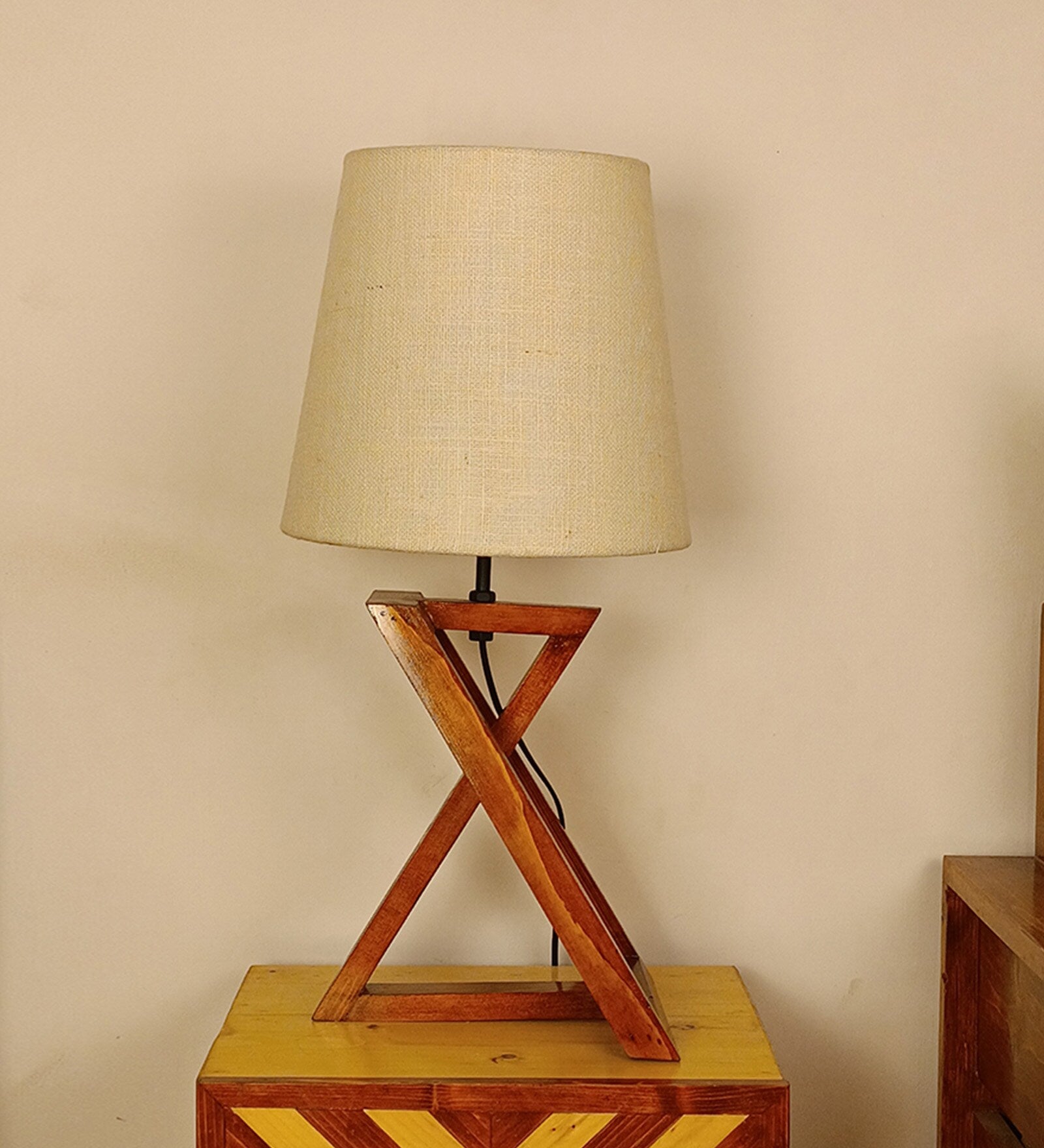 Textured Wooden Table Lamp with Jute Shade & Brown Base