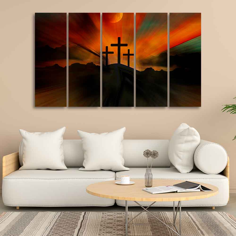 Three Cross Silhouette Canvas Wall Painting of Five Pieces