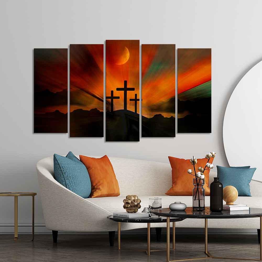 Three Cross Silhouette Canvas Wall Painting of Five Pieces Set