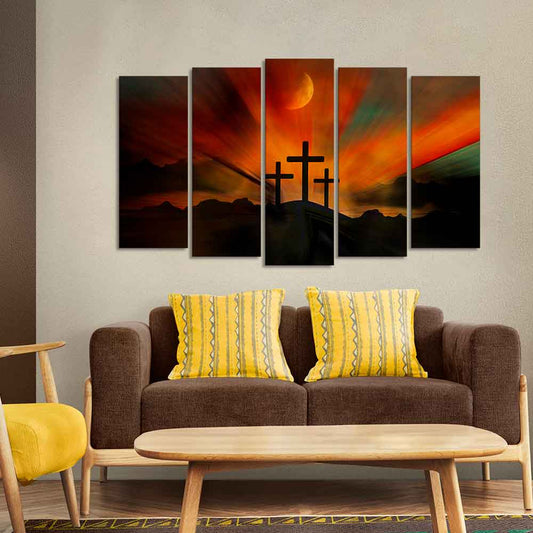 Three Cross Silhouette Canvas Wall Painting of Five Pieces Set